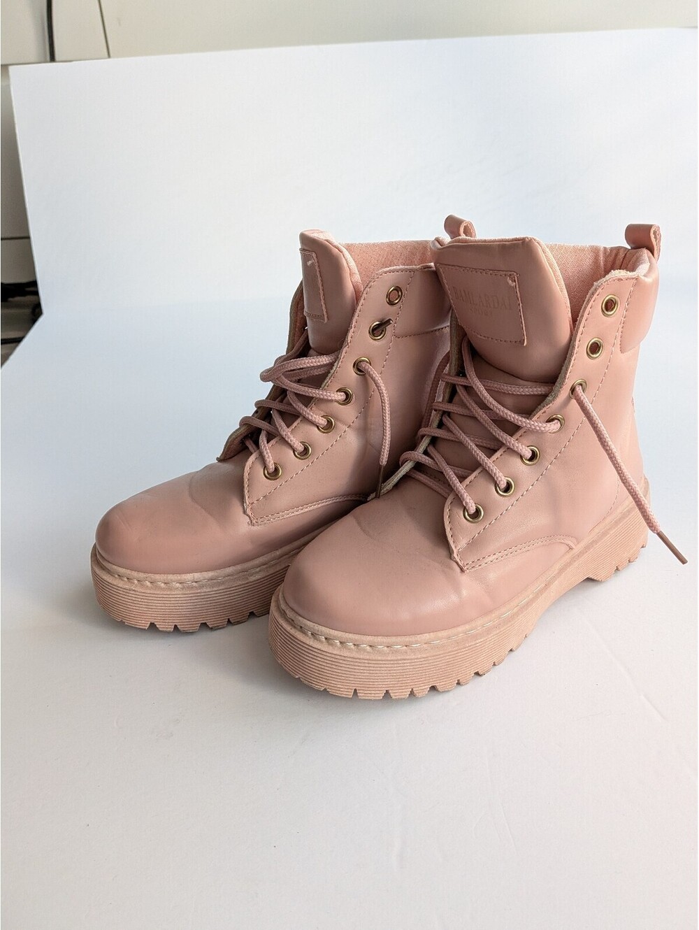 Pink Synthetic Leather Combat Boots with Chunky Rubber Sole and Padded Collar